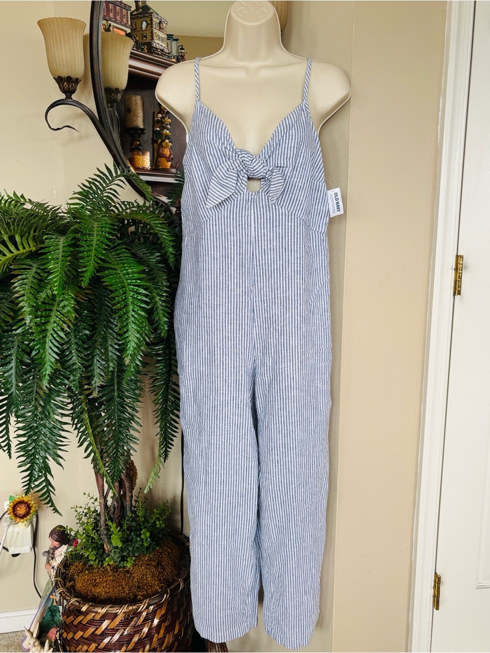 NWT Old Navy Blue White Striped Smocked Cropped Knotted Linen-Blend Jumpsuit